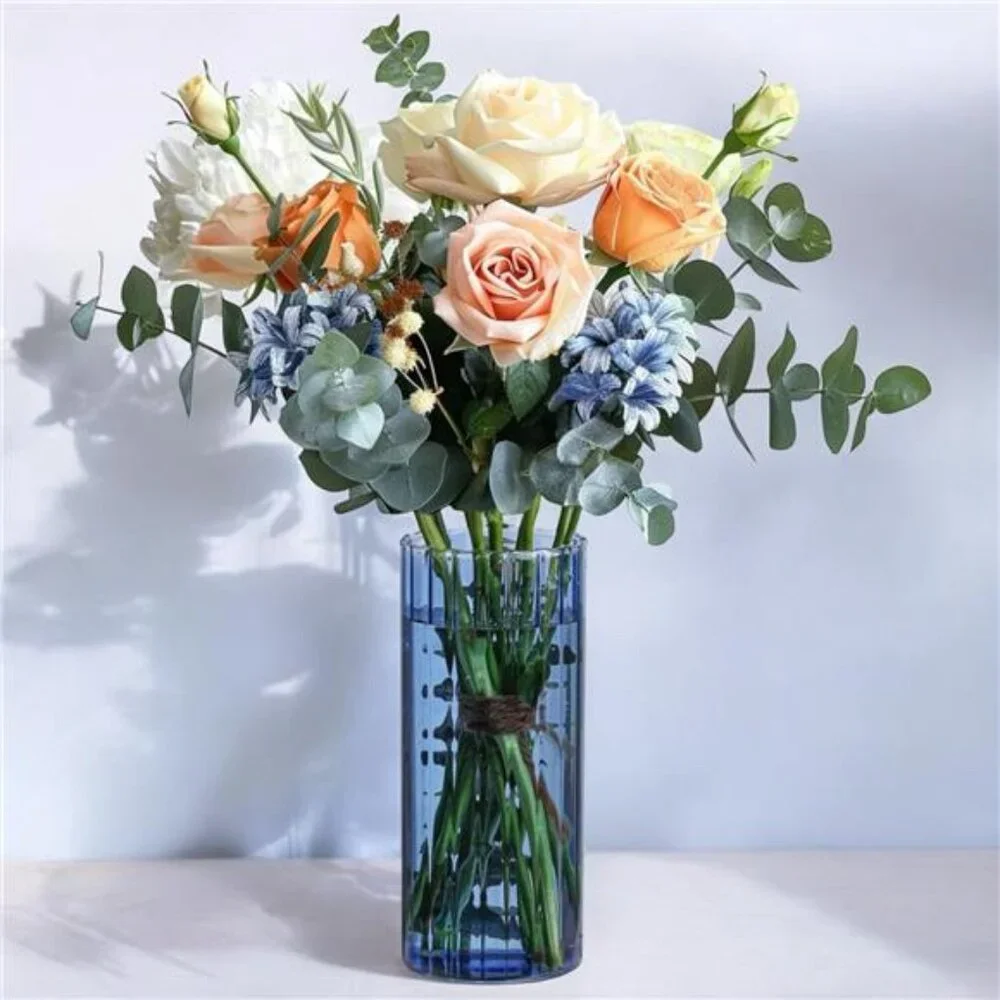 NEW West Elm XL Colored Glass Boho Ribbed Cylinder Flower Vase Planter Decor 8